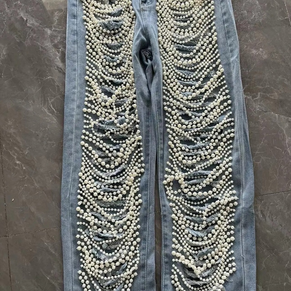 Pearl and  Rhinestone Ripped Jeans - Picture 4 of 7